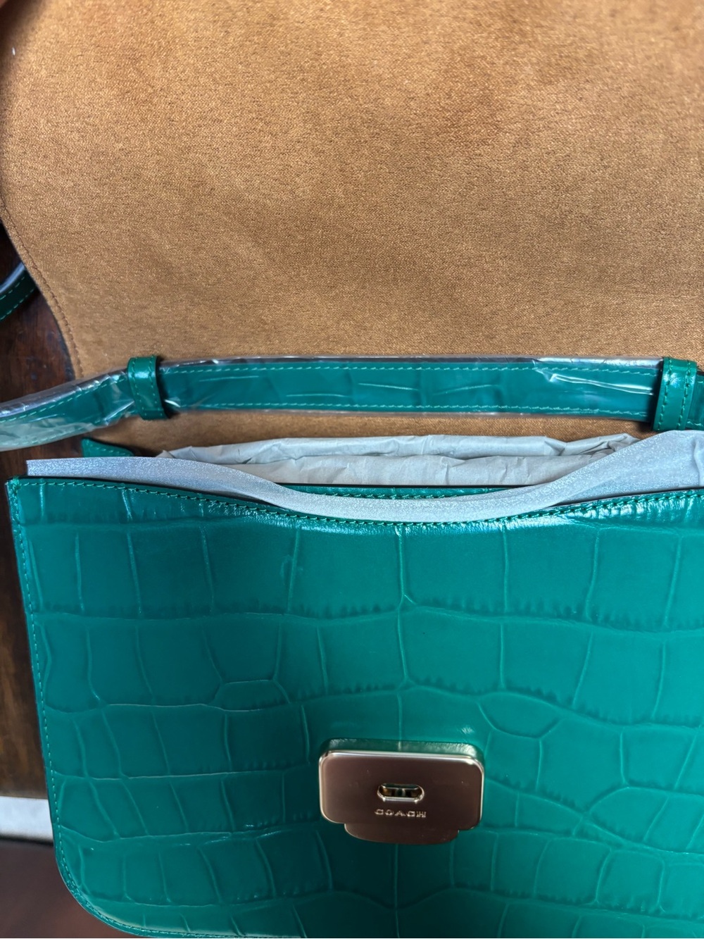 Coach Green Croc-Embossed Leather Shoulder Bag with Gold-Tone Hardware - Picture 11 of 12